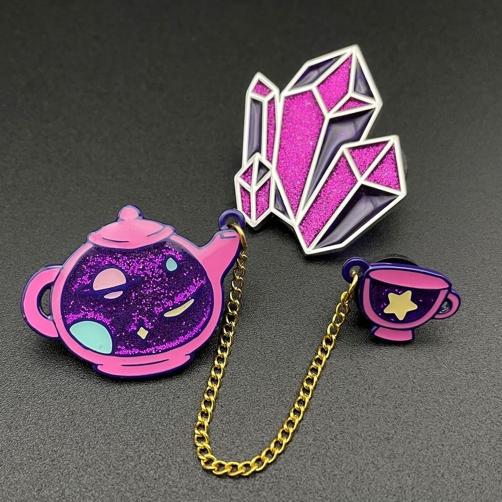 Celestial Tea Party Crystals Purple Enamel Pins Tea Pot Tea Cup Gemstone Crystal